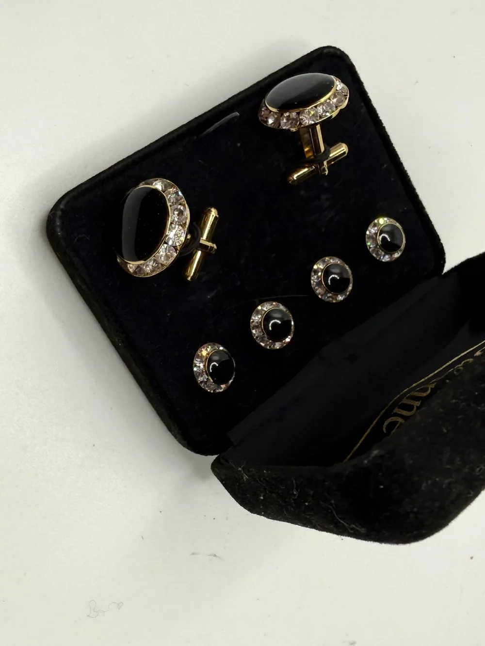 Black Onyx and Crystal Cufflink Set with Matching Studs